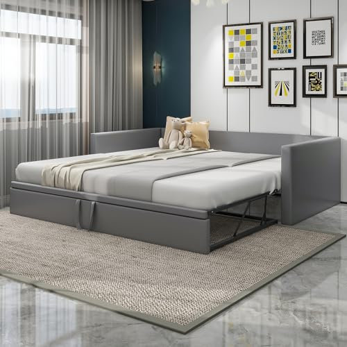 MQLAE Polsterbett Ausziehbares Schlafsofa 90/180x200cm mit Lattenrosten, Couch Bett 2 Sitzer mit Schlaffunktion, Multifunktionsbett Tagesbett Klappsofa aus hautfreundlichem Samtstoff, C-Grau