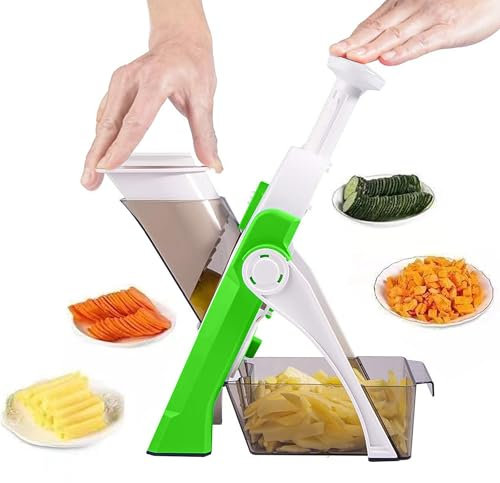 HEVOL Gemüsehobel Verstellbar, Mandoline Gemüseschneider Edelstahl, Multifunktionale Küchenhelfer zwiebelschneider, Gurkenhobel Dünne Scheiben mit Auffangbecken, Grün