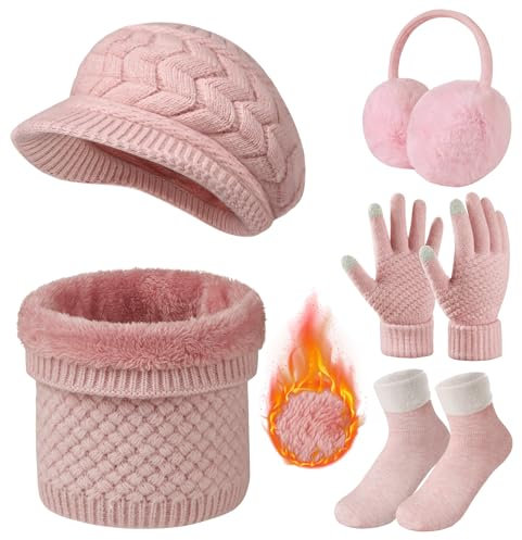RITOSTA Packs Bonnet Écharpe et Gants Femme 5 en 1 Tricotés Ensemble Hiver Set Doublure Polaire Bonnet Echarpes Gants Tactiles Chaude Cache Oreille Chaussettes Thermiques Rose