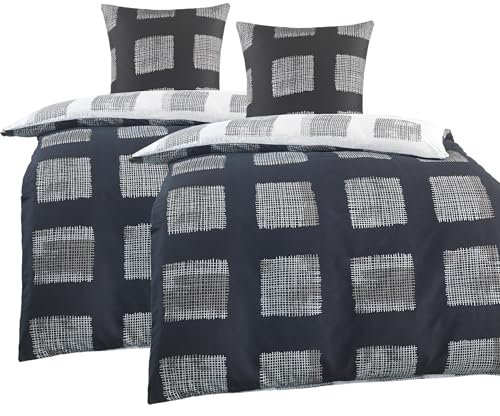 BaSaTex Microfaser Partner Bettwäsche mit Wendemotiv | 2X 155x220 Bettbezug + 2X 80x80 Kissenbezug | Mikrofaser Bettwäsche Set 4 teilig für Paare | Design: Jubi Schwarz Weiss