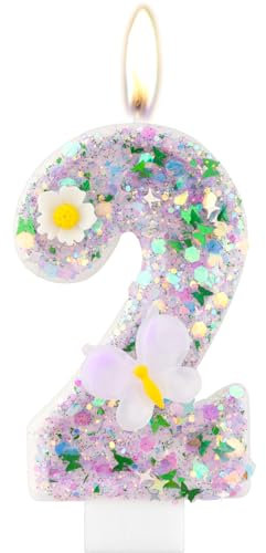 mciskin Butterfly 2nd Birthday Candle, Purple Number 2, Sparkler, Cake Topper, Butterfly Themed Party Decorations