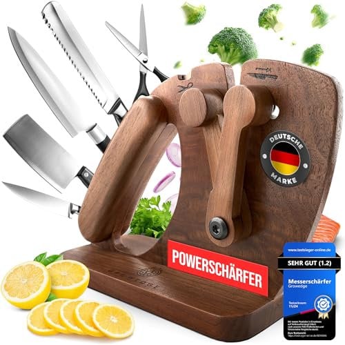 Growedge Messerschärfer [Walnuss] – Messerschleifer für glatte & gewellte Messer inkl. Keramik-Nachschleifstab | Scherenschleifer, Messer & Scheren-Schärfer | Knife Sharpener