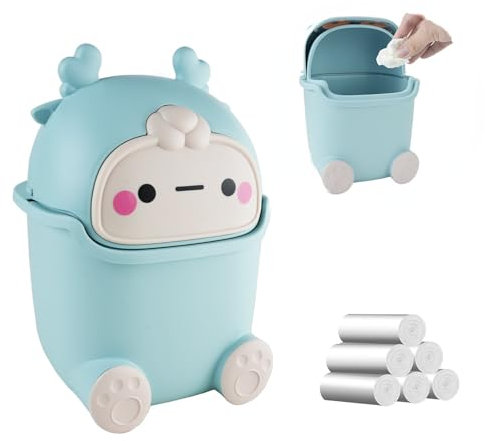Desk Bin Trash Can with Lid, Cute Mini Bedroom Bin with 6 Rubbish Bags, Small Bathroom Plastic Dustbin, Desktop Dustbin Table Waste Bins for Home Bathroom Kitchen Living Room Bedroom Office Car