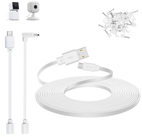 Smays 15m Extension Cable Compatible with WYZE Cam Pan v3, WYZE Cam v4, Blink Mini 2 Camera, Long Flat Micro USB Power Cable with USB-C Adapter