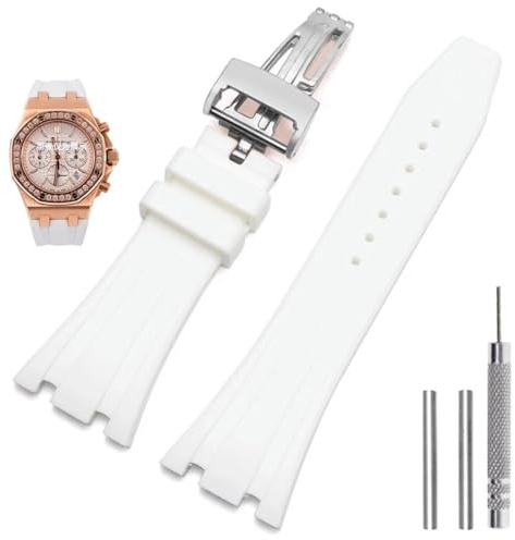 BAHDB Silikon-Uhrenarmbänder 26 mm 27 mm Armband für AP 15400 15202 15500 15703 26470SO Royal Oak Offshore Herren-Sport-Gummiarmband(White-silver,26mm)