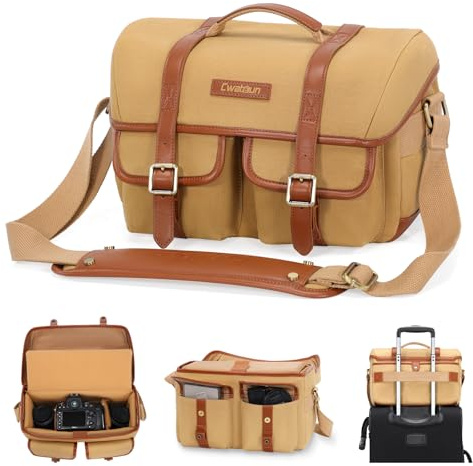Cwatcun Vintage Canvas Camera Bag Crossbody Large,Aesthetic Camera Shoulder Messenger Bag Compatible for Nikon, Canon,Sony Fuji DSLR/SLR Mirrorless Camera and Lenses,Khaki