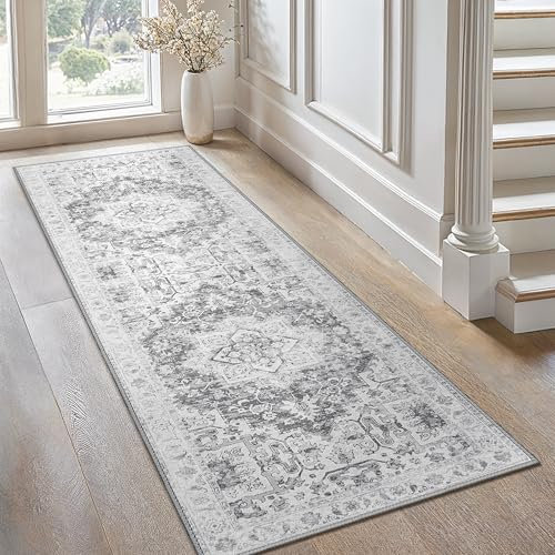 GENIMO Vintage Teppich Flur 80x300CM Waschbarer Kurzfloriger Teppich Küche, Rutschfester Läufer den Balkon, Grau