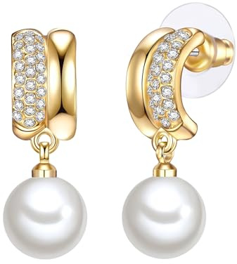 Lulu Jane Damen Ohrringe Metall-Legierung gelbgold | gelbvergoldet 14 Karat, Creolen, Glas, weiß, Muschelkernperle, ca. 10,0 mm, weiß, rund