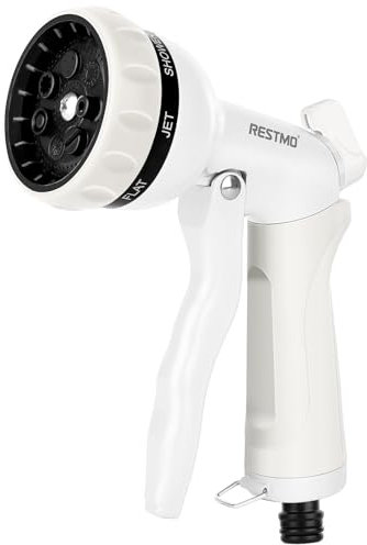 RESTMO Gartenbrause, Metall Hochdruck Garten Handbrause, 7-Funktionen Spritzdüse und Einstellbarer Wasserdurchfluss Garten Spritzpistolen Bewässerungspistole für Garten Bewässerung, Autowaschen,Weiß