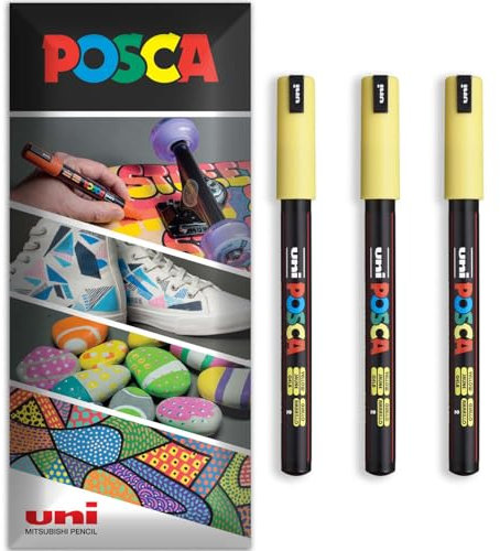Posca - Water Based Permanent Marker Paint Pen - Multi Surface Use - PC-1MR - Pack of 3 Pens in Wallet (Yellow)