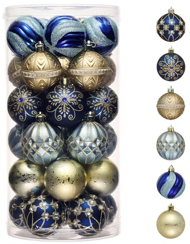 Valery Madelyn Weihnachtsschmuck-Set, 30 Stück, 5,1 cm, Blau und Gold, bruchsicher, Christbaumschmuck, Kugel-Ornamente, Großpackung, luxuriöse hängende Ornamente für Weihnachten, Urlaub