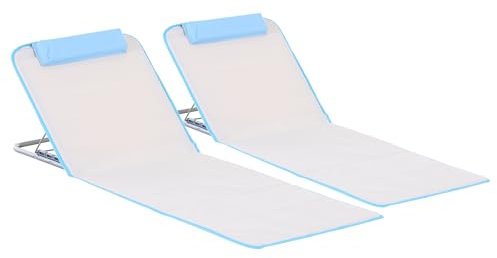 Outsunny Set 2 Sdraio da Spiaggia con Schienale Regolabile su 5 Livelli, Poggiatesta e Borsa da Viaggio, Lettini Spiaggia Pieghevoli in Acciaio e PE, 134x48x33-43 cm, Beige