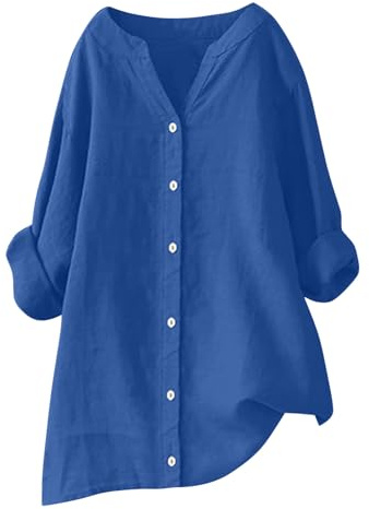 RLEHJN Tunique Femme 3/4 Manches Longues Chemisier Coton Et Lin pour Femmes Boheme Col V Boutonné Shirt Basique Casual Tuniques Blouse Lâche Respirant T-Shirts Vetement Femme Ete Solde