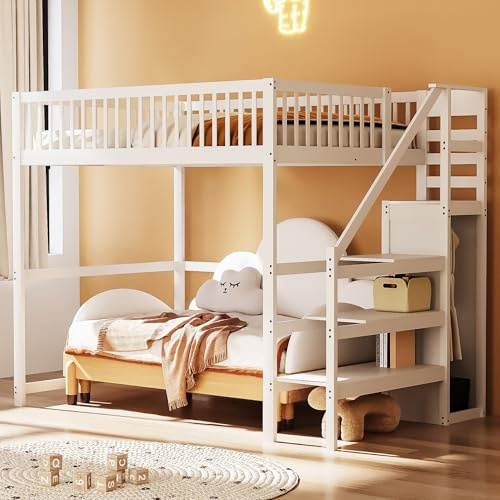 Generisch TOBIDOEN Hochbett 140x200 mit Treppe und einfacher Kleiderschrank, Rausfallschutz Kinderbett mit Zaundesign, Massivholzbett Schrankbett, Bettgestell mit Lattenrost aus Holz, Weiß