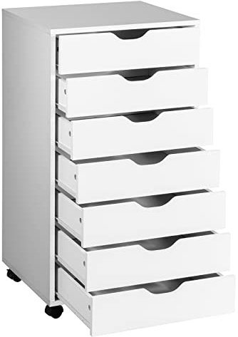GIANTEX Rollcontainer mit 7 Schubladen, Aktenschrank mit Rollen, Schubladenschrank Holz, Druckertisch für Zuhause & Büro, 48 x 40 x 88 cm (Weiß, 7 Schubladen)
