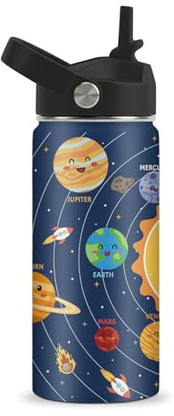 ROVOZAR Space Planet Water Bottle - Space 16oz Stainless Steel Water Bottle with Straw - Funny Planet Insulated Cup for Boys - Solar System Kids Tumbler for School, Sports, Travel