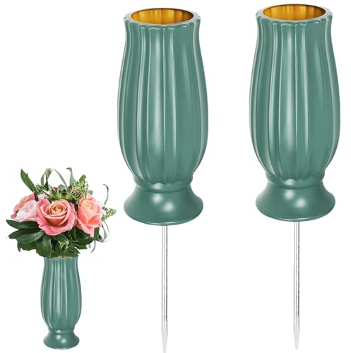 Grabvase mit Erdspieß, 2 Stück Grabvasen Friedhof mit Sockel 11cm, Friedhofsvase für frische/künstliche Blumen, als Grabschmuck, Grabvase mit Sockel ür Grabstein Grab Friedhof Dekorationen (Armeegrün)