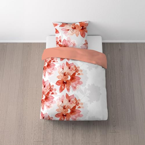 Sleezzz Elegante Juego de Ropa de Cama de Franela Fina, 65% algodón, diseño de Flores de Coral, 135 x 200 cm, con Almohada de 80 x 80 cm, Cremallera, Transpirable, Apto para alérgicos