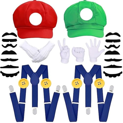 Funnity Mario luigi kostüm Accessories Mütze Hut Handschuhe Bart Gelbe Knöpfe Y-Back Hosenträger Kostüm Karneval Fasching Party Verkleidung Karneval Cosplay Kostüm für Erwachsene Kinder