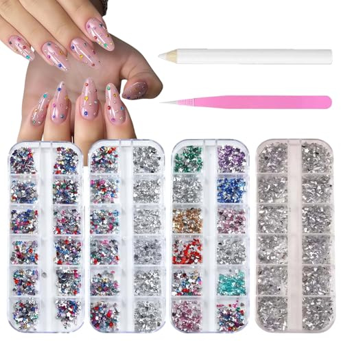 Tastetreasure 3000+ Pcs Nail Art Rhinestones & Charms Kit, 4 Boxes 48 Grids Multi-Shape Colorful Gems Set with Tweezers & Wax Pen, AB Crystals Butterfly Hearts Flowers for DIY Crafts Nails