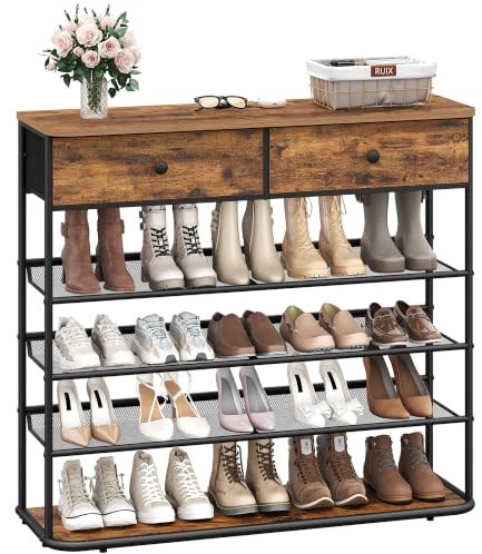 Hzuaneri Schuhregal, 5 Ebenen, 2 Stoffschubladen, 3 Gittern, 18-20 Paar | Schuhständer für Eingang, Flur, Verstellbaren Gitterablagen, Vintagebraun-Schwarz, SR29801B