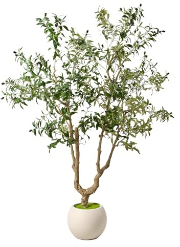 ZKIODV 210 cm Olive Artificiel, Olive Comme Vrai avec Tronc Naturel et Fruits, Arbre Artificiel avec Pot Blanc, Plantes Artificielles XXL, Plante Artificielle d’Intérieur, Grands Oliviers Artificiels