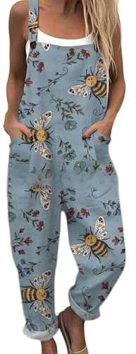 Dungarees for Women UK Plus Size Bee Floral Printed Wide Leg Bib Overalls With Pockets Summer Casual Fashion Adjustable Straps Loose Fit Sleeveless Jumpsuit Suspender for Holiday Everyday