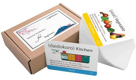 Cartes flash de vocabulaire japonais pour débutants (avec illustrations et exemples de phrases), taille standard de la carte, robuste, résistante à l'eau