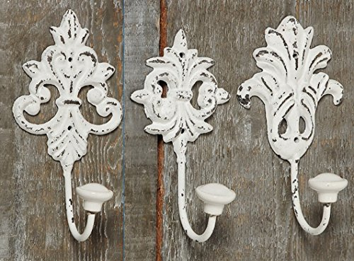 RiloStore, 3 ganci metallici da parete in ghisa, design nostalgia, set di 3 appendiabiti shabby chic, effetto anticato, vintage, colore bianco
