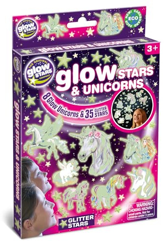 Glowstars Glow in the Dark Stars & Unicorns – 35 Glitter Self-Adhesive Stars & 8 Colorful Unicorns for Kids’ Bedroom Ceiling & Wall Decorations, Fun Glow in the Dark Room Decor for Children