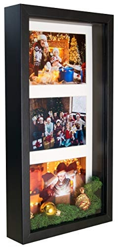 BD ART 18x35 cm 3D Box Mehrfach Bilderrahmen, Bildergalerie, Fotogalerie mit Passepartout und 3 Foto-Ausschnitten für 3 Fotos 10x15 cm, Schwarz Rechteckiger Objektrahmen tiefer für objekte 3 cm