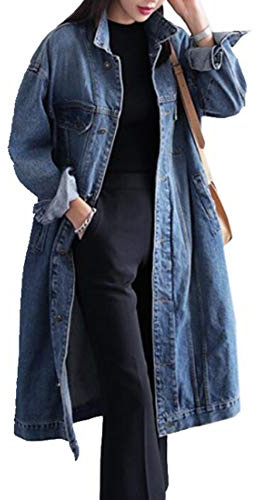 Jofemuho Women Button Down Loose Fit Long Plus Size Denim Jacket Trench Coat - Blue - US-Small