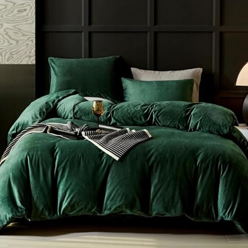 Lanqinglv Dunkelgrün Bettwäsche 220x240cm Biber Warme Winter Plüsch Deckenbezug Doppelbett Bettbezug mit Reißverschluss und 2 Kissenbezug 80x80cm