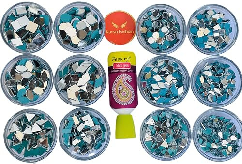 Kavya Fashion Spiegel-Set mit 12 Formen für Schmuckherstellung, andere Bastelarbeiten wie Projekte und Lippenkunst, Schlammarbeitsdekoration (insgesamt 1200 Stück, 100 Stück von jeder Form), inklusive