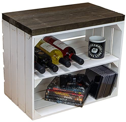 Kistenkolli Altes Land Sitzkiste Johanna Obstkiste und massiven Holzplanken Schuhablage Schuhkommode Hocker Sitzbank Holzbank Regalkiste aus Holz Maße 50 x 30 x 43cm L x T x H (Weiss/schwarz)