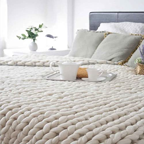 HOOJUEAN Klobig,Grobstrick Wolldecke Strickdecke Tagesdecke Überwurf Decke, handgefertigt, für Bett und Sofa, Supergroß(Size:120×180cm,Color:Beige)