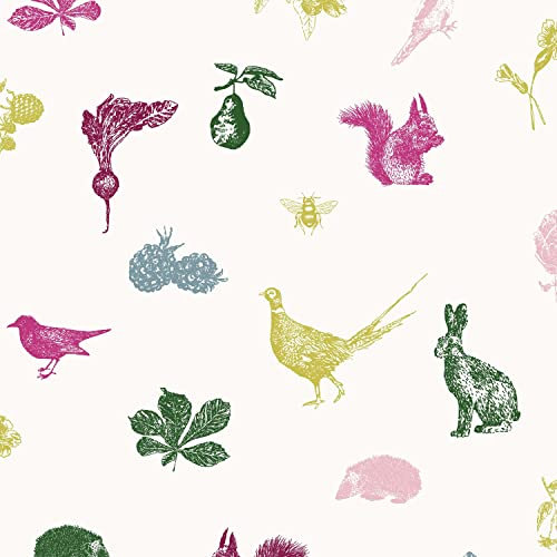 Graham & Brown Joules Etched Woodland Cream Wallpaper | Easy Paste The Wall Application | Multicoloured Animal Design | Eco Friendly