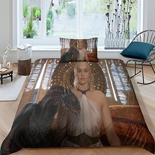 ELGISI Game of Thrones Bettwäsche Set Kinder Bettwäsche 3D Gedruckt Mutter der Drachen Bettbezug,Soft Mikrofaser Bettbezug Mit Kissenbezug 50x75cm Für Erwachsene Und Kinder Single(135x200cm)