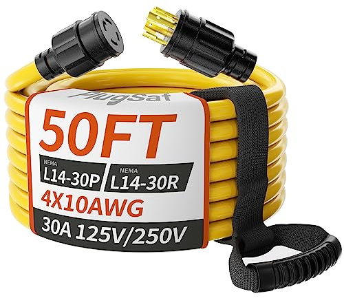 PlugSaf - Cable de extensión para generador de 50 pies, 30 amperios, 4 puntas, NEMA L14-30P/L14-30R, calibre 10, STW, 125/250 V, cable de generador de bloqueo giratorio, resistente, amarillo con