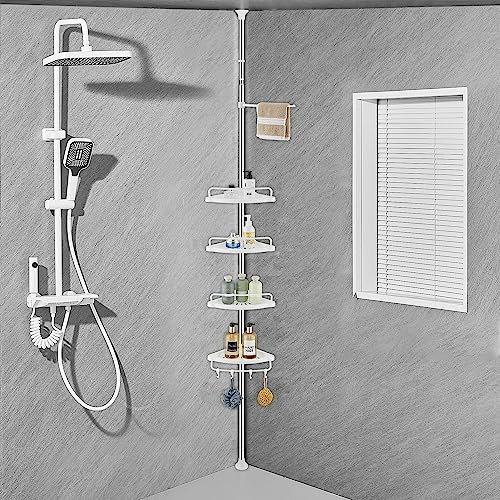 ZHUGE Teleskop Duschregal, verstellbares Eckregal für die Dusche mit 4 Ablagen, 4 Haken, 1 Handtuchstange für die Badezimmeraufbewahrung, rostfrei, 70-330 cm von Boden bis zur Decke, Weiß