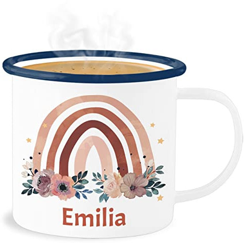 Emaille Becher Blechbecher - Boho - Geschenk Regenbogen mit Name personalisiert I Rainbow - 300 ml - Weiß Blau - trinktasse kinder bohemian blume tasse kaffeetasse individuell emilia tassen