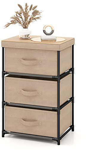 COSTWAY Nachttisch mit 3 Schubladen, Beistelltisch mit Metallrahmen, Kommode, Aufbewahrungsschrank, Stoffkommode für Schlafzimmer, Wohnzimmer, Flur, 40 x 30 x 62 cm (Braun)