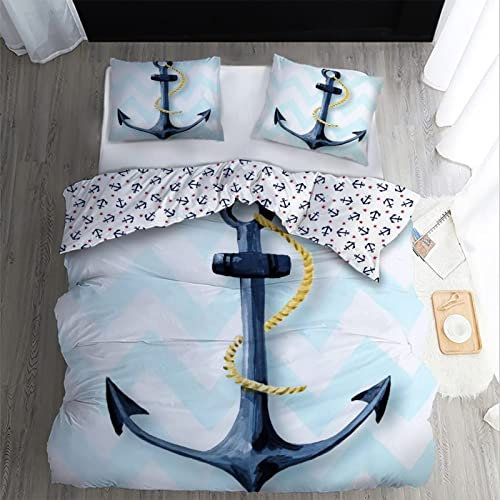 Bettwäsche 220x240 Anker Bettbezug Set 3 Teilig Nautisch Anker Motiv Microfaser Weich Bettbezüge + 2 Kissenbezuge 80x80 cm, mit Reißverschluss