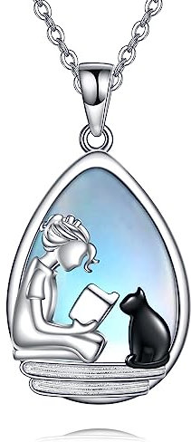 YFN 925 Sterling Silber Buchliebhaber Halskette Lesen Mädchen schwarze Katze Mondstein Anhänger Graduierung Geschenk Schmuck für Mädchen