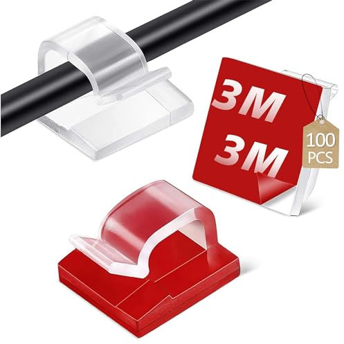 Fasood 100 Stück Kabelhalter selbstklebend mit 3M Kleber - Kabelclips für Kabelmanagement - Kabelklemmen & Kabelorganisator am Schreibtisch - Kabelbefestigung Lichterkette (Transparent)