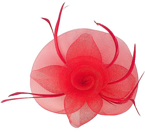 Topkids Accessories Blumen-Haarspange, Fascinator, Haarspangen, Hochzeitsaccessoires, Royal Ascot an Brosche und Schnabelclip, geeignet für Frauen, Damen, Mädchen, Rot