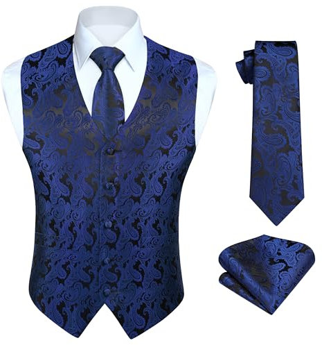 HISDERN Herren Paisley Weste Navy Blu Floral Jacquard Krawatte Einstecktuch Einstecktuch Hochzeitsfeier Business Fit Weste Anzug Set,4XL,Marineblau & Schwarz-N