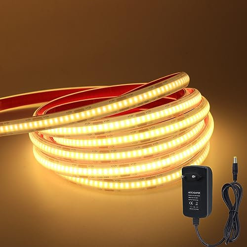 Wisada 2M COB LED Streifen, 12V 320LEDs/m Superhell Flexibler LED Lichtband CRI≥85 Warmweiß COB LED Band, Wasserdichte IP68 LED Lichterketten mit Netzteil für Aquarium und Schrankbeleuchtung