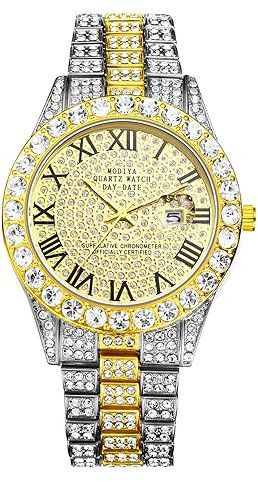 JewelryWe Uhren Herren Iced Out Diamant: Glitzer Strass Datum Kalender Analog Quarz Armbanduhr Männer Frauen Uhr mit Römischen Ziffern Zifferblatt und Gold/Silber Metallarmband