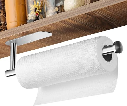 LYCXAMES Küchenrollenhalter ohne Bohren, Selbstklebend Küchenpapierhalter Papierrollenhalter, Edelstahl Unterschrank Papierhandtuchhalter mit Kleber und Schrauben, für Küche und Badezimmer, Silber